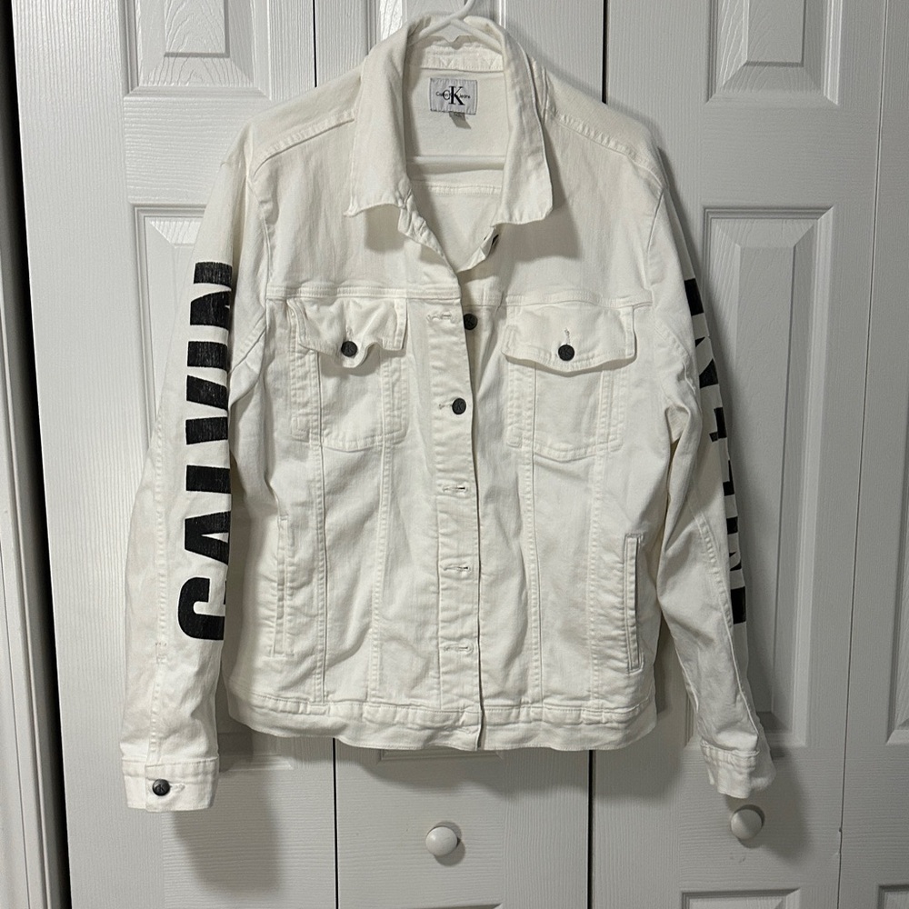 Calvin Klein Ivory Denim Jacket with Black Lettering